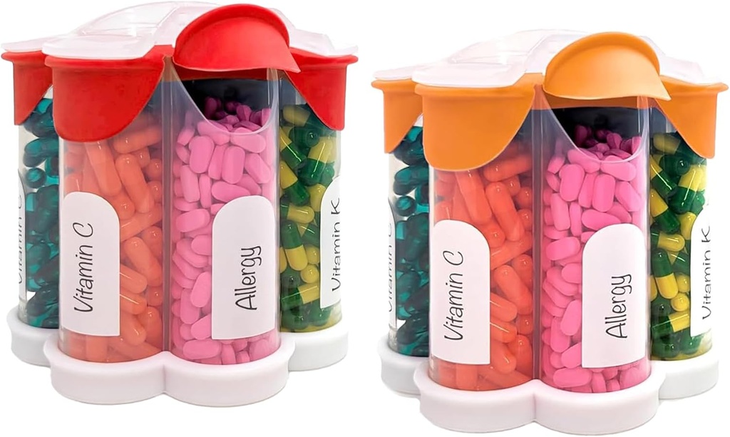 Extra Large Pill Organizer Daily, Weekly, Monthly Supplément Bouteille, Distributeur de pilules Mignon avec 7 Compartiments XL (2 Pack Combo) (Orange et Rouge)