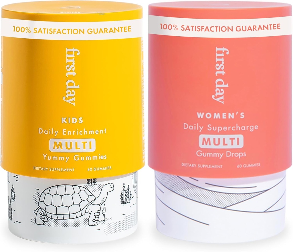 Premier jour Ensemble de gommes multivitamines pour les femmes et les enfants – Vitamines A, B, C, D & K + Folate, Magnésium, Zinc, Biotine & Plus – Fabriqué avec/Fruits organiques et légumes, seulement 2g de sucre – 2-Pk, 30 jours d'approvisionnement chacun