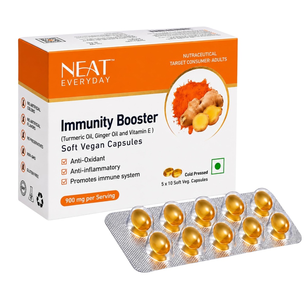 NEAT EVERYDAY Immunity Booster Capsule Vegetarian Softgels | Cold Pressed with Turmeric Oil & Ginger Oil | Vegan Supplement for Daily Immune Support (50 Capsule, Blister)