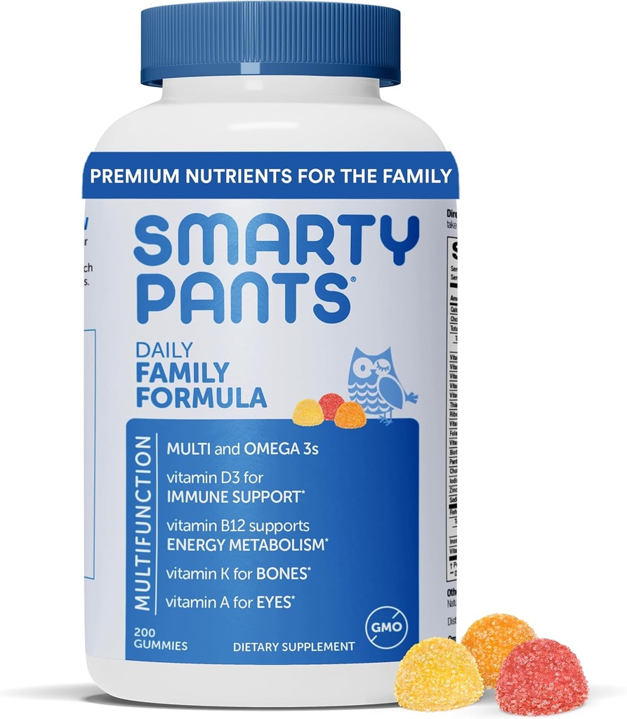 Multivitamine SmartyPants pour les hommes, les femmes et les enfants : gommes vitaminiques à l'huile de poisson Omega 3 (EPA/DHA), méthylfolate, vitamine D3, C, vitamine B12, B6, vitamine A, K et zinc, 200 Compte (30 jours)