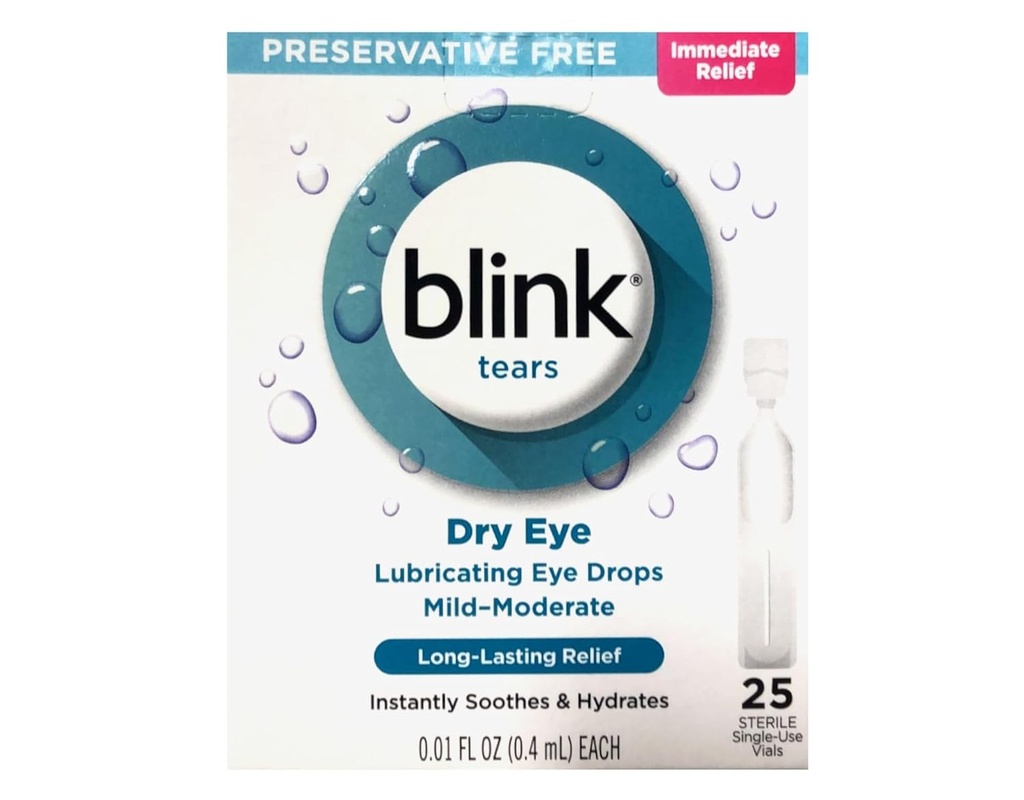 BLINK Larmes gouttes oculaires pour les yeux secs, Lubrification sans réserve gouttes oculaires, flacons stériles à usage unique, soin doux des yeux pour soulager les symptômes des yeux secs légers à modérés, 25 comtes, 0,01 fl oz