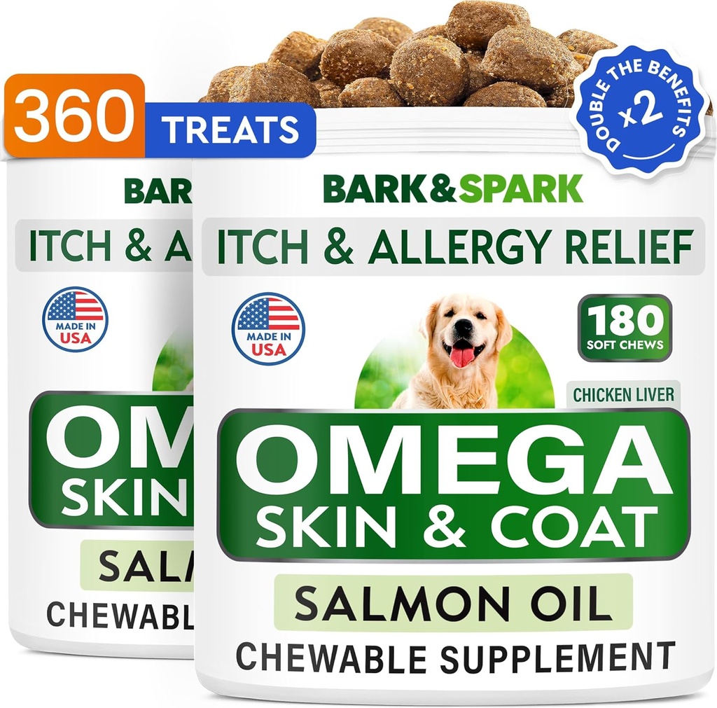 BARK&SPARK (paquet de 2 Omega 3 pour chiens - 360 bouchées à l'huile de poisson pour chiens, allergie cutanée, soulagement des démangeaisons, traitement des taches chaudes - santé articulaire - supplément de peau et de manteau - EPA&DHA Acides gras