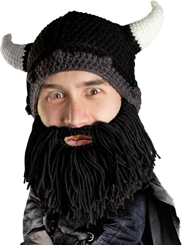 Patinoire Viking Head - Casque en tricot fait main original et barbe noire amovible