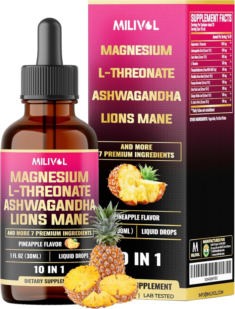 10en1 Magnesium L-Thréonate gouttes liquides avec Ashwagadha, Lions Mane et 7 autres herbes - 1 Fl Oz - Arôme d'ananas