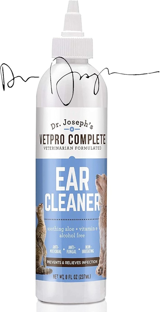 VetPro Complete Dr Joseph's Dog Ear Cleaner, 8 onces, solution de rinçage doux pour chien et chat avec Aloe Vera et vitamine E, gouttes d'oreille pour enlever la cire et les débris, réduit l'odeur, applicateur facile
