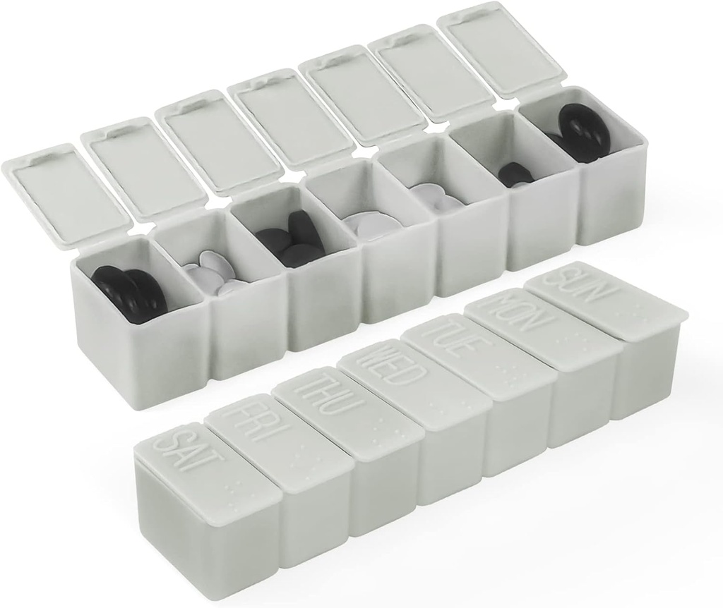 Organisateur hebdomadaire de petites pilules, cas de pilules de 7 jours, boîte de médecine quotidienne de cas de vitamine, contenants de pilules pour les suppléments de médecine Huile de poisson(2Pcs,Grey)