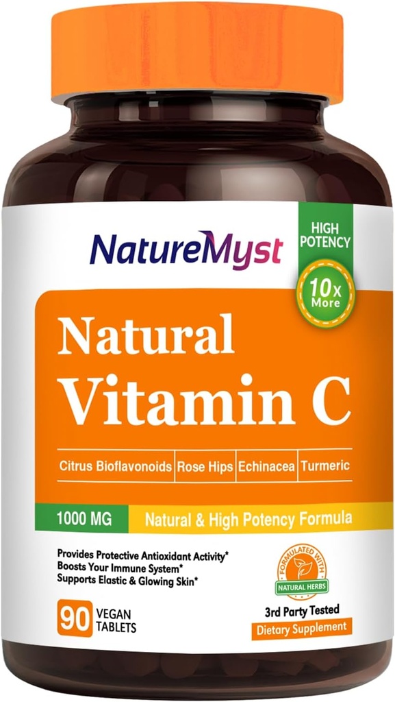 Comprimé de vitamine C, 1000 mg, forme naturelle, haute puissance, agrumes bioflavonoïdes, hanche rose, échinacée et curcuma, immunitaire et santé de la peau, 90 comprimés végétaliens