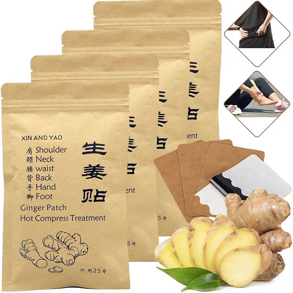 Gingembre auto-chauffant 100pcs pour la lymphe, promouvoir la circulation sanguine, soulagement de la douleur pour les épaules, le cou, la taille, le dos, la main, le pied, le genou et l'articulation, le ballonnement de l'estomac, tampon de compression chaude (12 * 8cm)