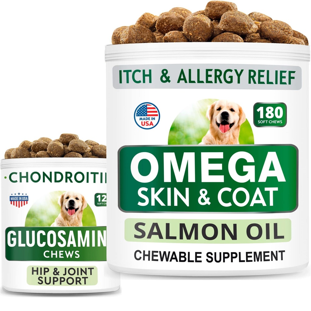 BARK&SPARK Glucosamine Dog Treats + Omega 3 pour chiens Bundle - Hip Support et supplément de soulagement de la douleur articulaire + Huile de poisson Chews pour Shedding, Allergie cutanée, Démangeaison, Supplément de peau et de manteau
