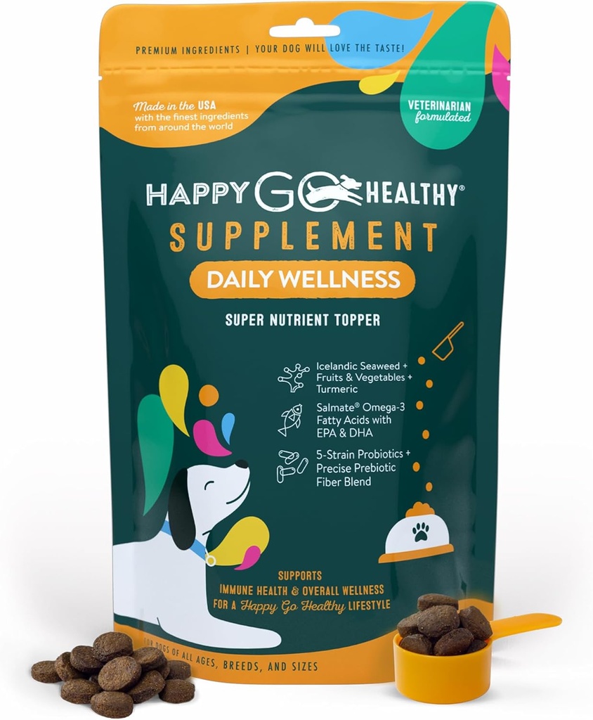 Suppléments de bien-être quotidien pour les chiens.Prestations probiotiques et prébiotiques avec de l'huile de poisson et de l'algue pour garder votre chien beaming toute la journée.