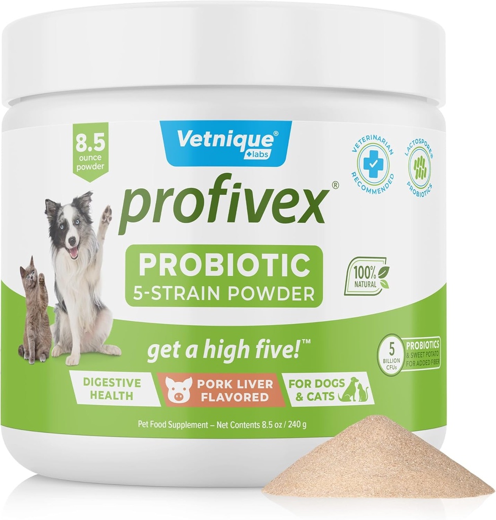 Vetnique Labs Profivex Probiotiques pour chiens Tous les aliments pour chiens naturels et poudre pour la santé digestive suppléments probiotiques pour chiens 5 souches de probiotiques et prébiotiques (poudre, 8,5 oz)