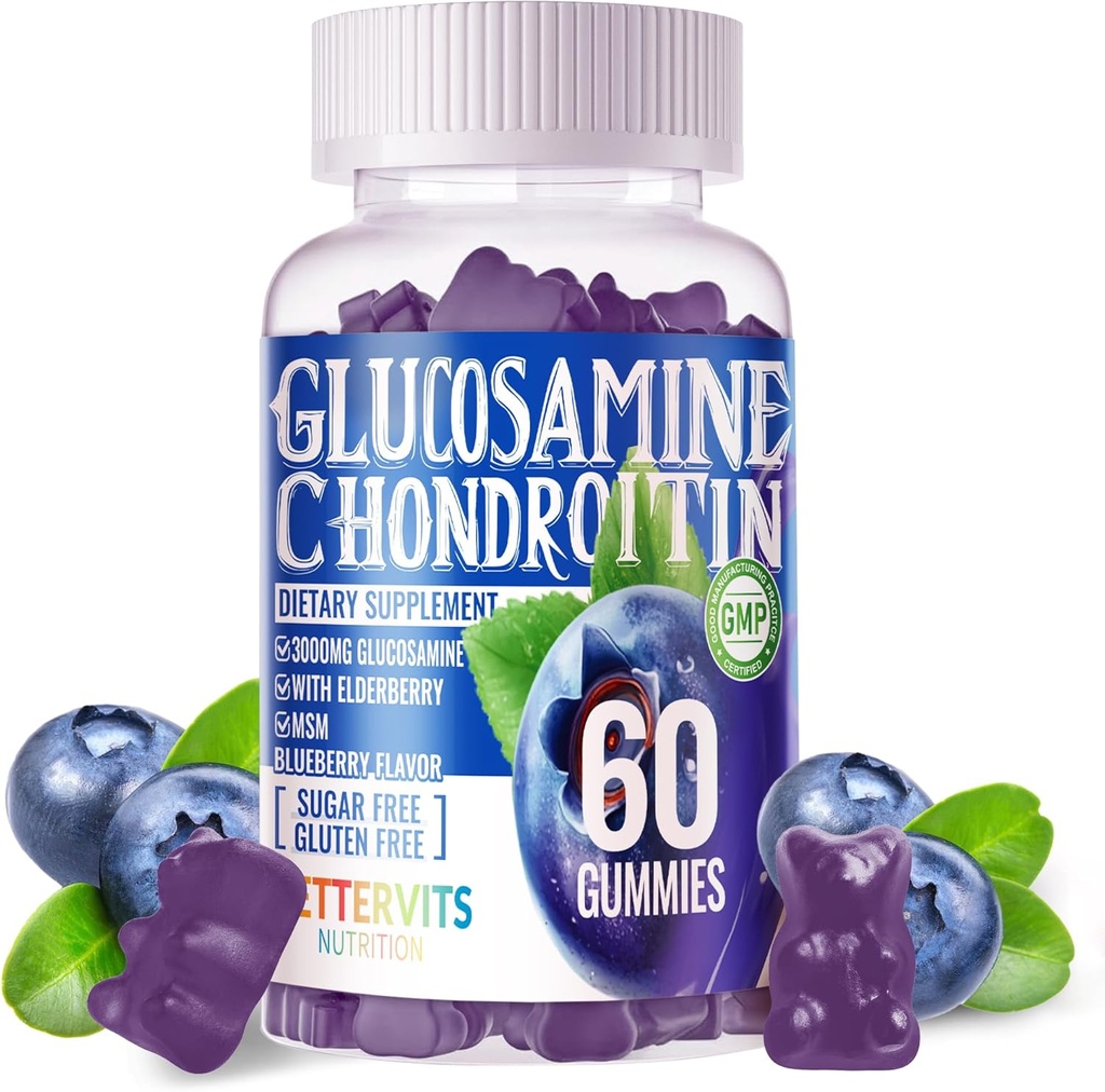 Glucosamine Chondroïtine Gommies avec MSM & Elderberry Extra Strength - Soutien articulaire, Supplément de soutien immunitaire antioxydant pour adultes, hommes et femmes.60 Gommies de myrtilles