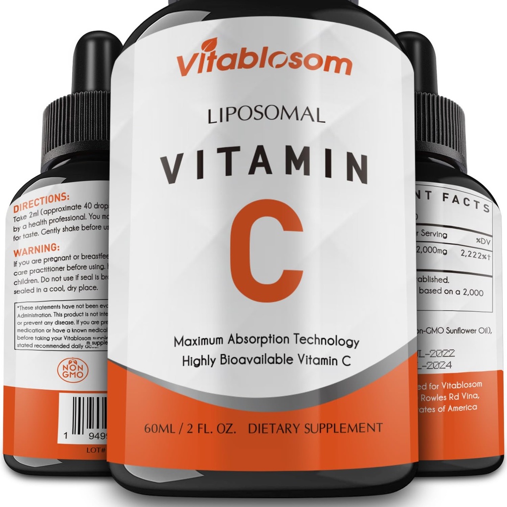 Vitamine liposomique C 2000mg Liquide pour adultes, haute absorption VIT C, Maximiser la vitamine C, système immunitaire et antioxydant, 60ML (1 bouteille)