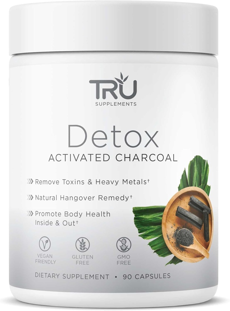 Suppléments TRU Nettoyer Capsules avec Charcoal activé, Nettoyer le corps entier pour Bloating Relief & Clear Skin, Vegan-Afriendly Natural Detox Support, 60 portions