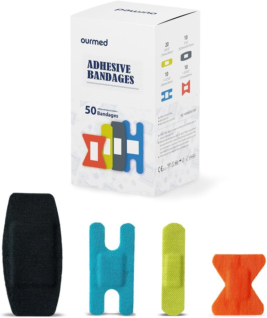 Bandeaux en tissu flexible avec Pad non-collant, sans latex, couleurs arc-en-ciel Bandage adhésif Entretien de la plaie de premiers soins pour les découpes, les scorpes, les blisters, les tailles assorties, 50 comte