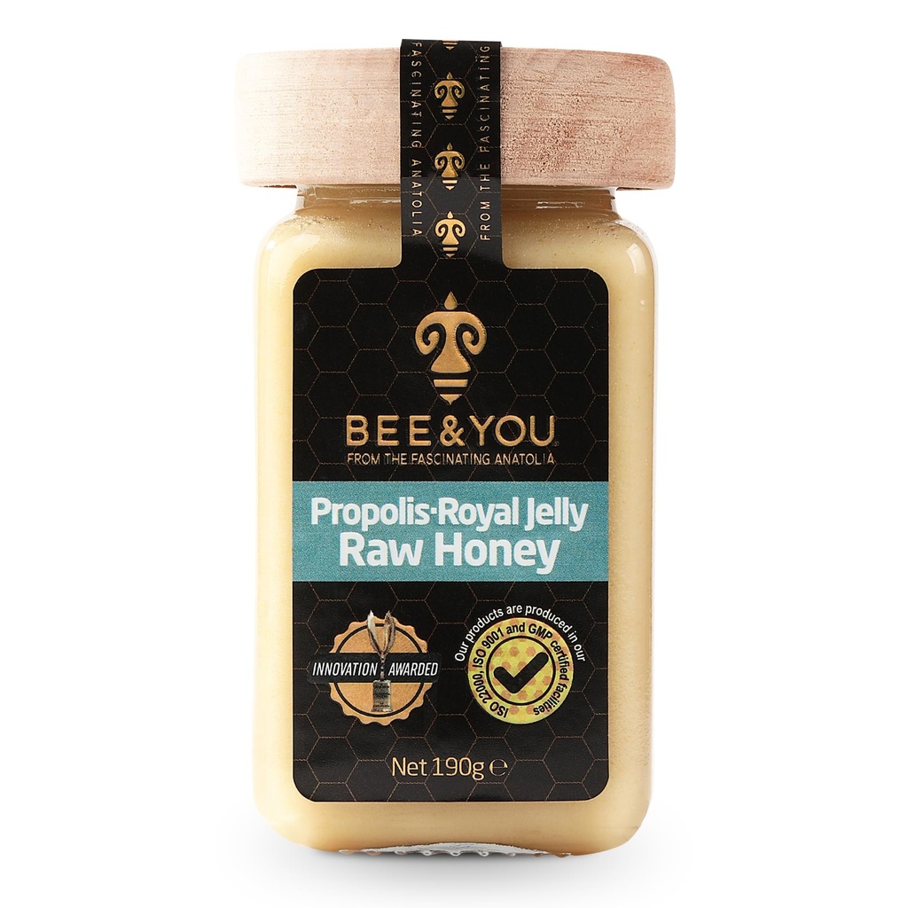Bee and You Royal Jelly Raw Honey, Propolis Extract, 100% Natural Superfood, Ultra Pure, Supplément de soutien immunitaire, Antioxydants, Keto, Paléo, Sans gluten, 6,7 oz