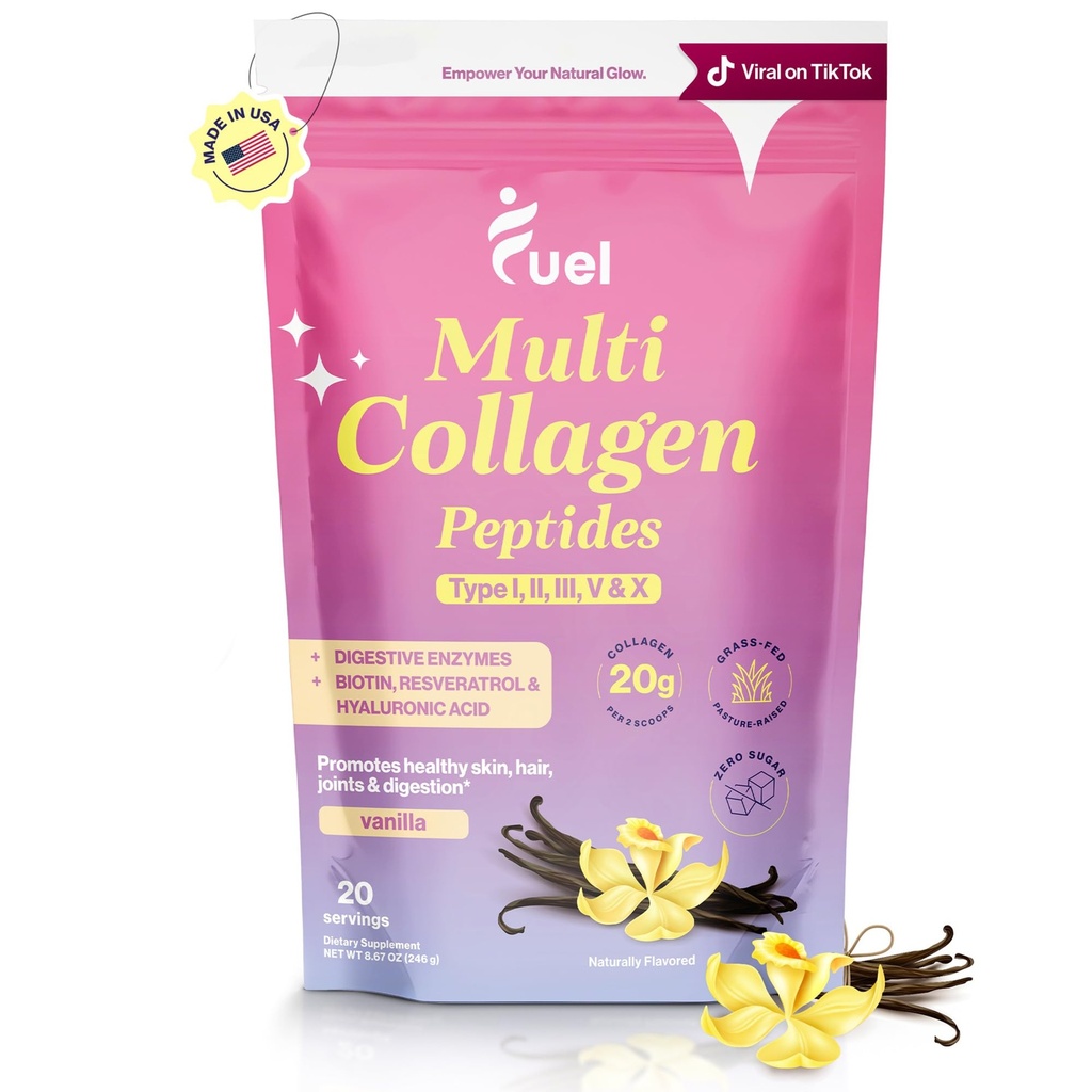 Poudre de Peptides Multi Collagène Carburant – 20g Collagène Hydrolysé I, II, III, V & X pour les cheveux, la peau, les ongles et le soutien articulaire – Meilleure absorption – Sans Keto et sans gluten, Vanila Français 8.67oz