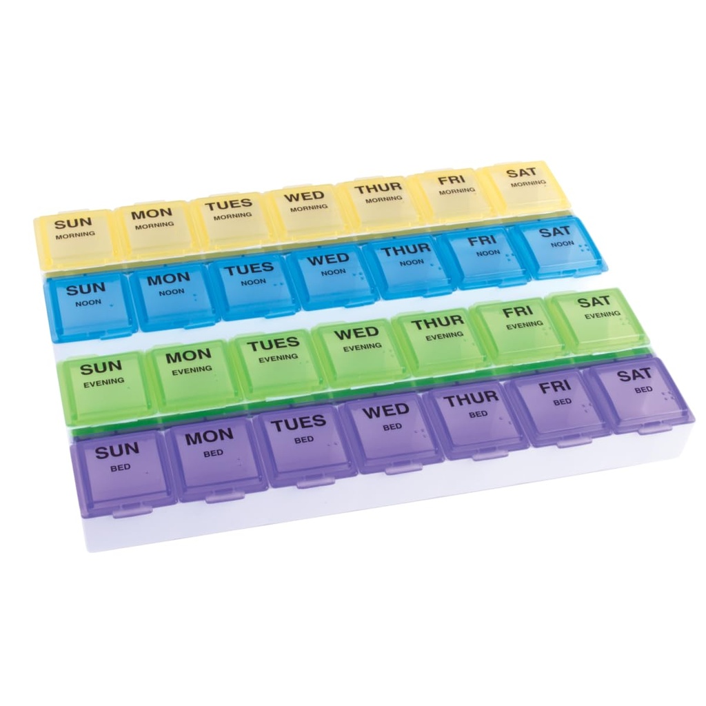 EZY DOSE Weekly (7 jours) Cas quotidien de pilules Medtime, planificateur de médicaments, organisateur de vitamines, supplément et contenant d'huile de poisson, grands compartiments avec base arrondie, 4 fois par jour, calèches colorées, sans BPA