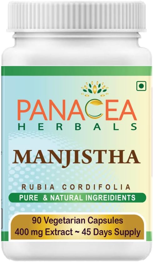 Panacea Herbals Manjistha Capsules (90 Veg Caps 400mg Extrait) Rubia Cordifolia, Madder indien pour le teint de peau Glowing. Sans gluten Sans lactose Sans OGM Sans supplément alimentaire à base de plantes pures.