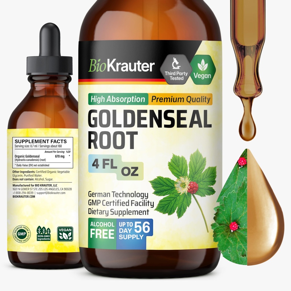 BIO KRAUTER Teinture de seaux d'or - Vegan Lung Cleanse & Detox - Supplément d'herbe au phoque d'or - gouttes sans alcool et sans sucre - 4 Fl.Oz.