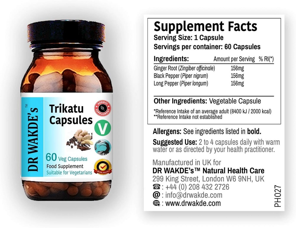 Les capsules Trikatu de DR WAKDE (60 capsules de légumes, supplément à base de plantes, plante ayurvédique, tout naturel, végétalien)