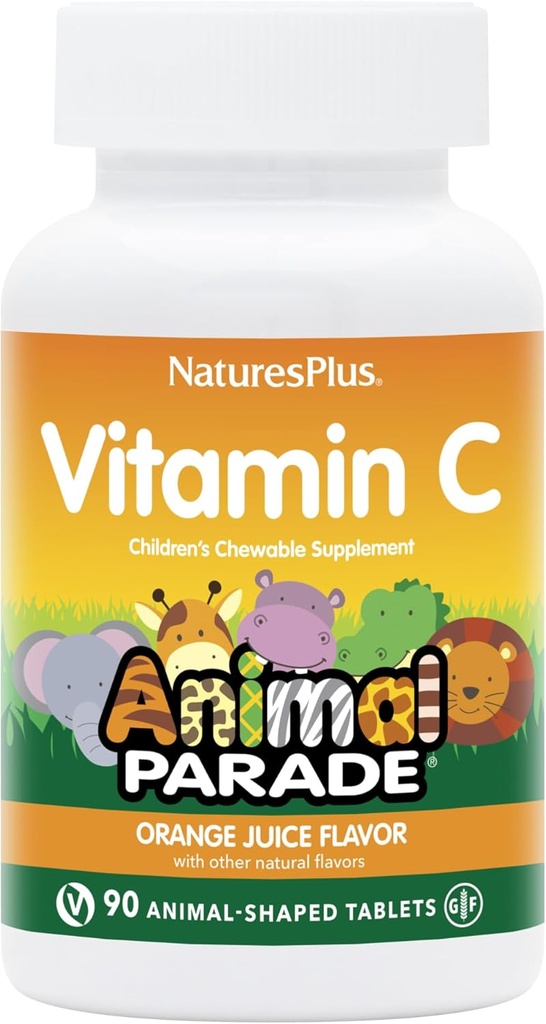 NaturesPlus Parade animale Vitamine C Chewable pour enfants - Saveur naturelle de jus d'orange - 90 comprimés en forme d'animal, lot de 2 - Végétarien, végétalien, sans gluten - 90 Total des portions
