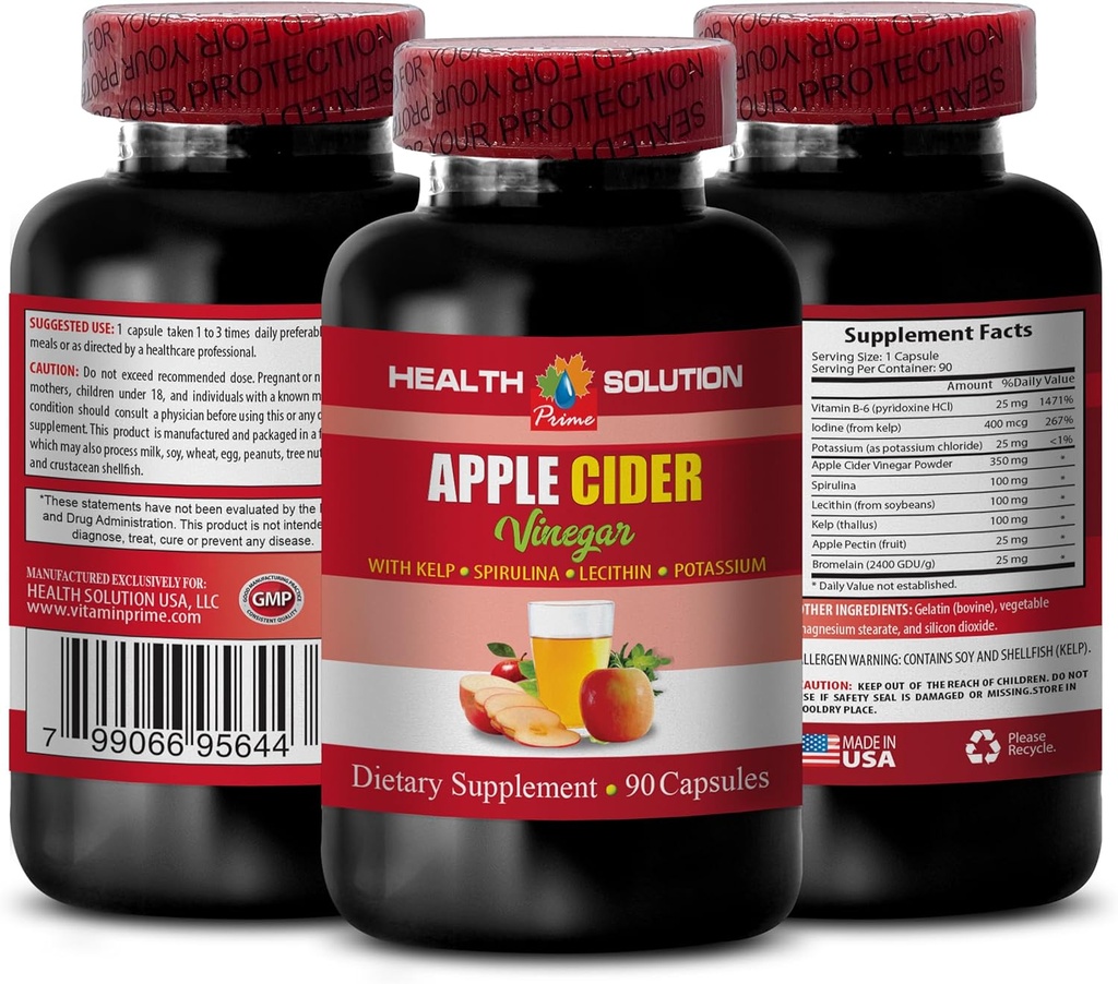 Produits capillaires de vinaigre de cidre de pomme - Complexe avancé de vinaigre de cidre de pomme avec varech, spiruline, lécithine - Lecithine varech b6, Klamath Blue Green Algae, Supplément de soutien de digestion - 1 bouteille 90 capsules