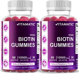 Biotine Vitamatique Gommies 10,000 mcg pour cheveux, peau et ongles plus forts - 60 Gommies Vegan - également appelé vitamine B7 (2 bouteilles)