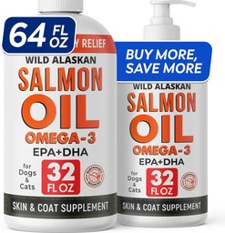 StrellaLab 64 OZ Huile de saumon pour chiens - Omega 3 pour chiens et chats, démangeaisons et allergies, Wild Alaskan Salmon Oil Dogs Skin & Coat, Dog Fish Oil Liquid, Shedding EPA & DHA Fatty Acids - 2Packs