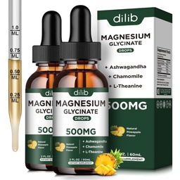 (2 Pack) Supplément de Glycinat de magnésium, gouttes liquides de magnésium avec Glycinat de magnésium 500mg Ashwagandha, L - Theanine, Camomille - soutient le sommeil calme optimal Vegan