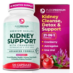 Supplément de soutien pour le rein PurePremium – Détox nettoyant pour le rein et réparation avec extrait de canneberge et Astragalus - 21-en-1 Complex soutient la santé normale de la vésicule, du traîtage urinaire et des reins - 120 jours