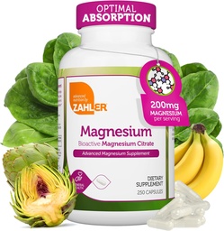 Zahler - Capsules de supplément de magnésium 200 mg (250 Nombre) Citrate de magnésium bioactif certifié Kosher pour absorption maximale - Minéral de magnésium naturel pour les hommes et les femmes - Meilleurs suppléments de magnésium