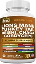 Lions Mane 300mg Turkey Tail 2000mg Cordyceps Chaga 1000mg Reishi 1000mg Maitake Meshima Poria Cocos Shiitake Oyster Porcini Enoki Supplément Champignon (60Ct)