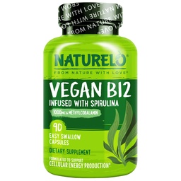 NATURELO Vegan B12 - Méthyl B12 avec Spiruline organique - Vitamine à haute puissance B12 1000 mcg Méthylcobalamine - Soutient l'humeur saine, l'énergie, le coeur et la santé des yeux - 90 capsules