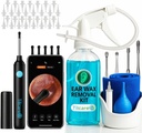 Outil de suppression de cire d'oreille avec caméra d'oreille par Tilcare - Système d'irrigation d'oreilles pour adultes et enfants - Kit de nettoyage d'oreilles parfait - Comprend bassin, seringue, trousse de Curette, serviette et 30 conseils jetables