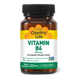 Country Life Vitamine B-6, soutient l'énergie et le système nerveux, 100mg, 100 Capsules Vegan, certifié sans gluten, certifié végétalien, certifié halal,...