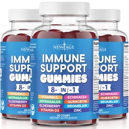 Nouveau supplément de soutien immunitaire de 8 ans en 1 avec racine d'Astragalus, vitamine C et zinc 50mg, vitamine D 5000 UI, Quercetine et bromélaine (8 en 1 Gommies (paquet de 3)