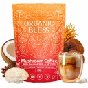 Poudre de café de champignons instantanés bio Bless – Lion biologique Mane, Reishi & Cordyceps Mélange pour l'énergie, Focus & Clarity – Café adaptogène avec lait de coco et huile MCT – 30 portions