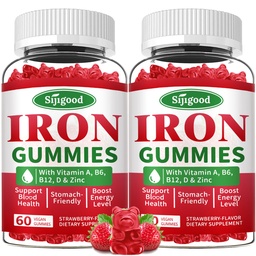 Gommies de fer 2 Pack pour les femmes et les hommes - supplément de fer végétalien pour l'anémie et le déficit en fer, avec vitamine B12, vitamine C, zinc, folate - stimuler l'énergie, sans sucre, saveur de fraise, 120 comte