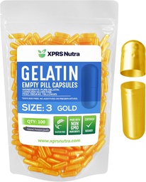 XPRS Nutra Taille 3 Capsules vides - 100 Compte Capsules de gélatine vides - Pills Bricolage Capsule Remplissage - Pure Pilule de Pilule de Bovines Bouchons remplis pour Do-It-Youlf Vitamines et Suppléments (Or)
