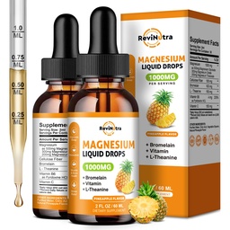 2 paquets de gouttes liquides de glycinate de magnésium, 1000mg de gouttes complexes de magnésium liquide pour le sommeil, le nerf, l'énergie, le muscle, les os, le calme et la digestion, haute absorption, 2 Fl Oz, goût d'ananas