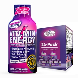 Vitamine Energy Immune+ Extra Strength Energy Shot Grape 24 Pack, 260mg Caféine naturelle, B-Vitamines, Citicoline, Thé vert, Immunity & Focus Support, Zéro sucre, Sans gluten 1,93 fl oz