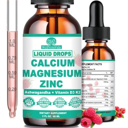 Calcium Magnésium Zinc D3 avec Magnésium Calme Glycinate Plus Ashwagandha, L-Theanine, Calcium liquide avec Vitamine D3 et supplément de magnésium pour Immune, Os, Muscle, Mood & Sleep Support
