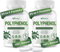 Supplément de polyphénols 25 en 1, 2000MG Antioxydants puissants et polyphénol pour la défense de l'âge, Polyphénol Superfood, Quercetin, Resvératrol, Plant-Based & Energy, Immune Support, 120 Capsules