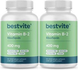BESTVITE Vitamine B-2 (Riboflavine) 400mg (240 Capsules végétariennes) (120 x 2) - Pas de stéarate - Vegan - Non OGM - Sans gluten