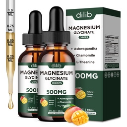 Supplément de gouttes liquides de glycinate de magnésium, avec le glycinate de magnésium 500mg Ashwagandha, L - Theanine, Camomille - Soutien anti-stress, os, Muscle, Mood Mango Flavor 2Pack