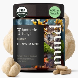 Lions Mane Supplément Capsules, Lion Mane Mushroom Supplément pour la mémoire, Focus & Mood support, Adaptogen Extrait de champignons fonctionnels - 100% USDA Organic, Vegan- Glass Jar, 120 capsules, 2 mois d'approvisionnement