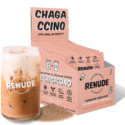 Renude Chagaccino - Chaga Poudre de champignons, Mélange de café de champignons avec adaptogènes, énergie naturelle et soutien immunitaire, végétalien, kéto, mélange de champignons Zéro calories - 10 portions