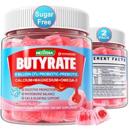 Gommies de Butyrate avec Probiotique + Prébiotique + Postbiotique, Omega-3 500mg,9 Million CFU Probiotiques avec Fibre, Calcium et Magnésium, Inuline, Psylium Husk pour la santé digestive, Soutien flottant, Sans sucre