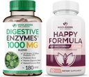 Enzymes digestives de bien-être complet 1000MG Plus Supplément prébiotiques et probiotiques + Happy Formula Natural Stress Formula Relief Supplément pour les femmes et les hommes